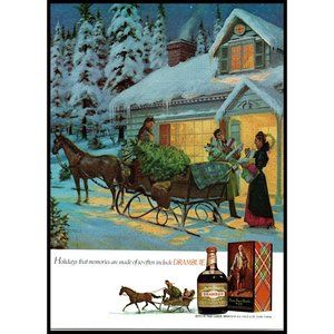 1976 Drambuie Liqueur Vintage Print Ad White Christmas Tree Gift Sleigh Wall Art